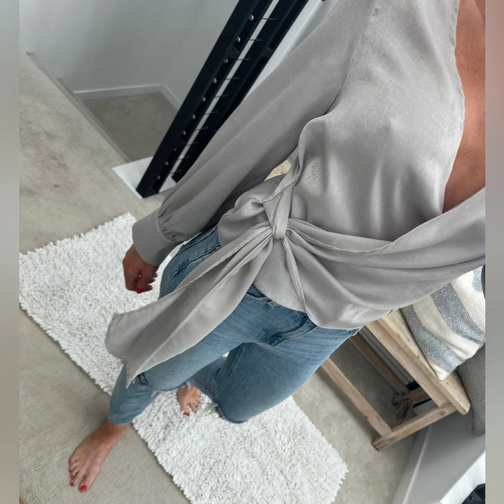 Miss love silver gray wrap long sleeve v neck blouse top business casual NWT M - Picture 6 of 15
